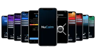 NuCalm App Screens showing Rescue, DeepSleep, Focus channels