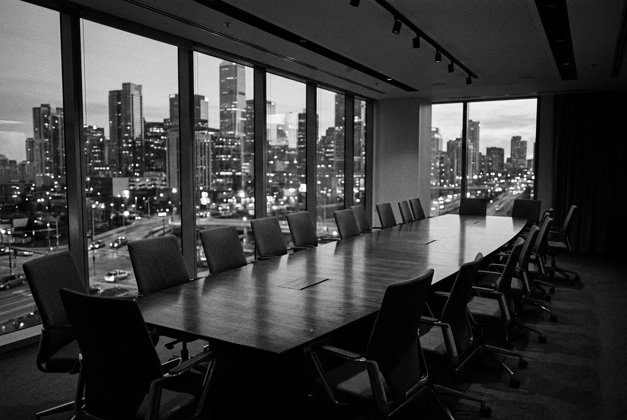 An empty boardroom at dusk, city lights beyond the glass.