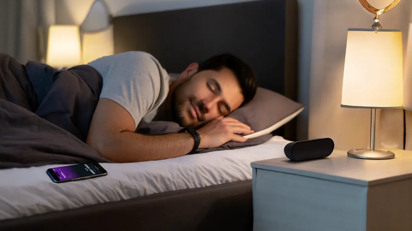 A man sleeping in bed with a smartphone with NuCalm DeepSleep open next to him, beside a nightstand with a lamp.