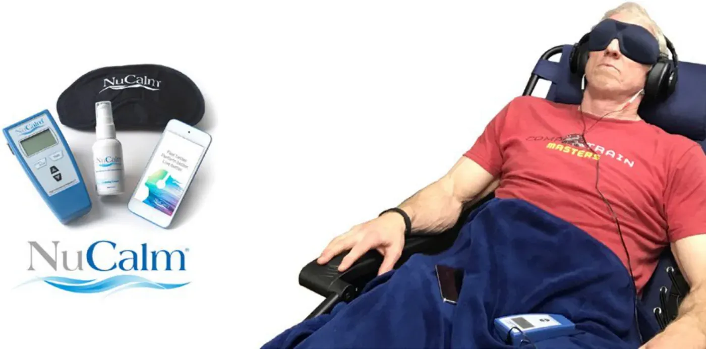 The NuCalm kit beside a man in a red shirt reclining with an eye mask and headphones