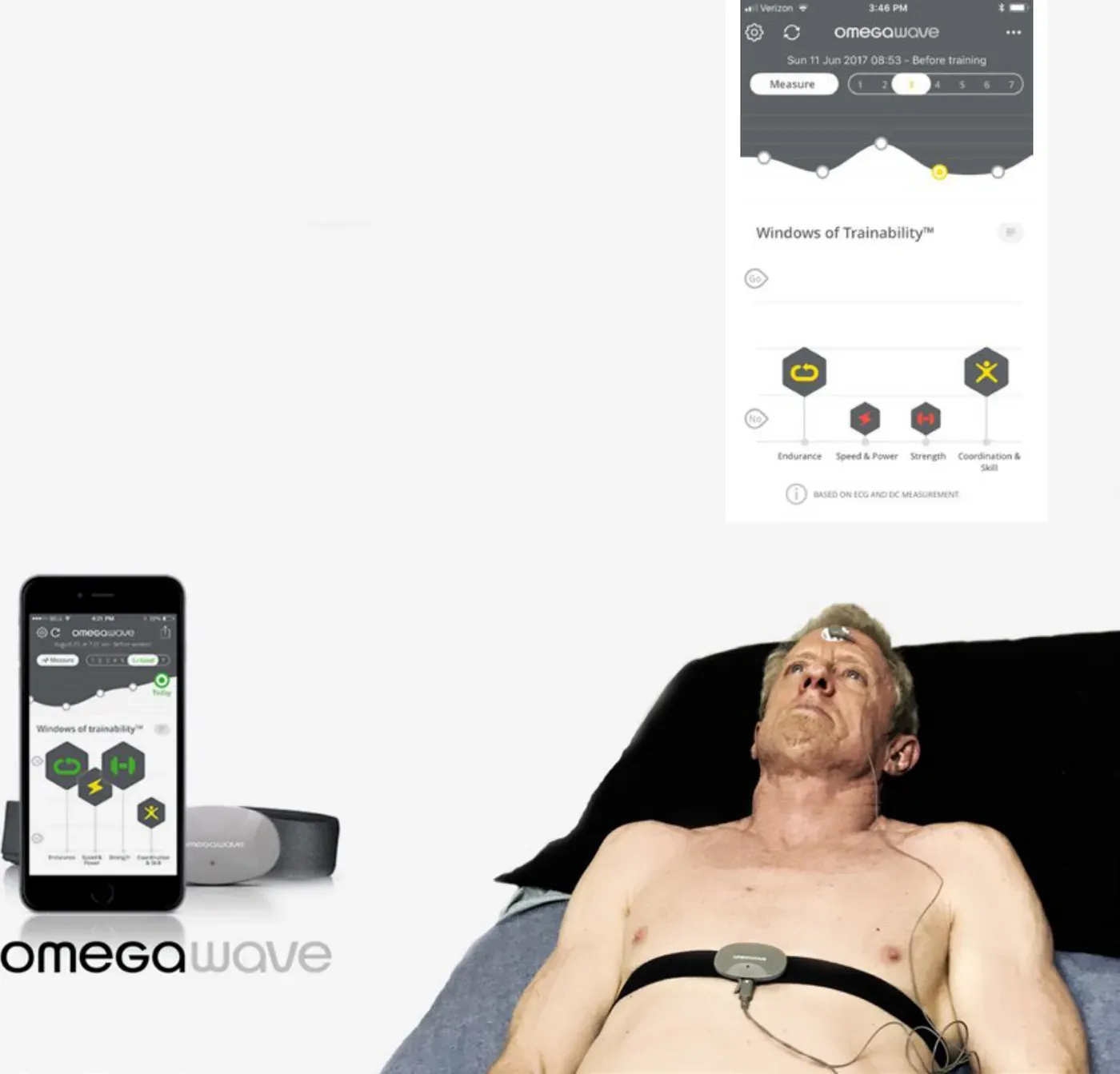 The OmegaWave app on a phone beside a man lying down wearing a heart rate chest strap