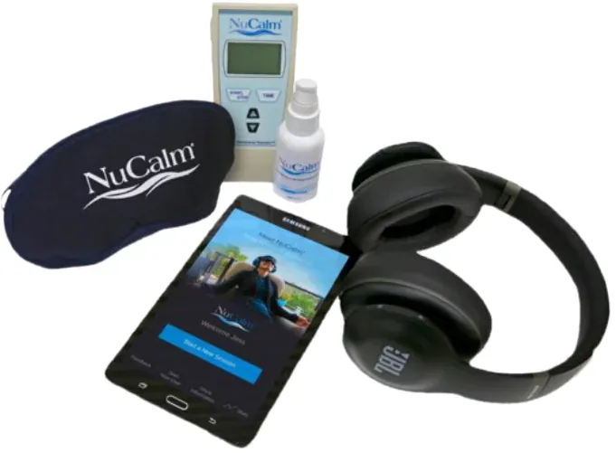 The NuCalm eye mask, headphones, CES device, spray and app