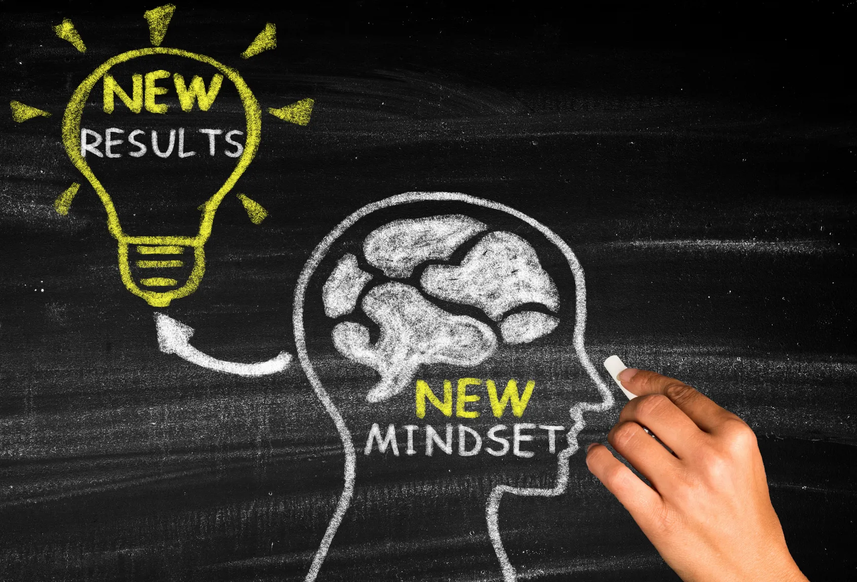 A chalkboard with the word "new results" written on it, accompanied by a lightbulb drawing resembling an illuminated brain.