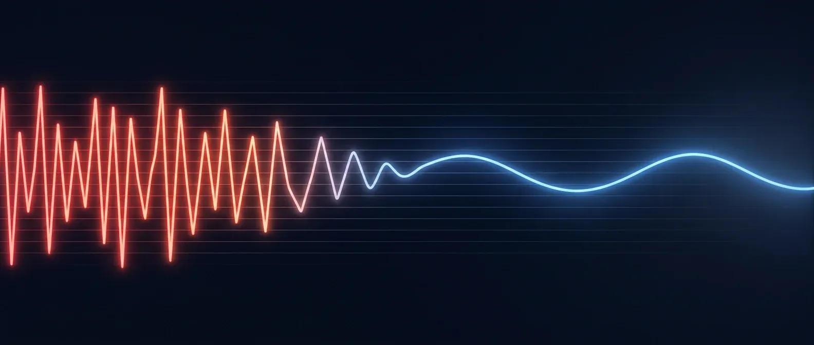 A tight, jagged red waveform on the left easing into a calm, gently rolling blue wave on the right, showing the shift from a stressed sympathetic state to a relaxed parasympathetic state.