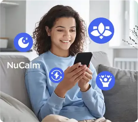 Happy woman using NuCalm with floating icons showing various benefits