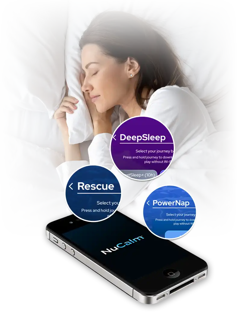 Woman sleeping peacefully with NuCalm app showing different modes