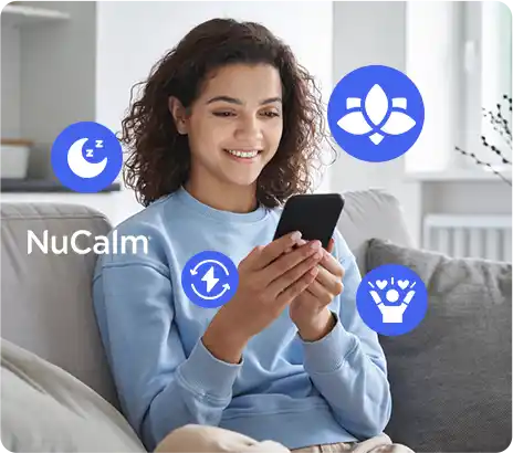 Happy woman using NuCalm with floating icons showing various benefits