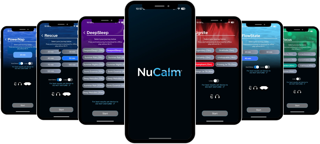 NuCalm App Screens showing Rescue, DeepSleep, Focus channels