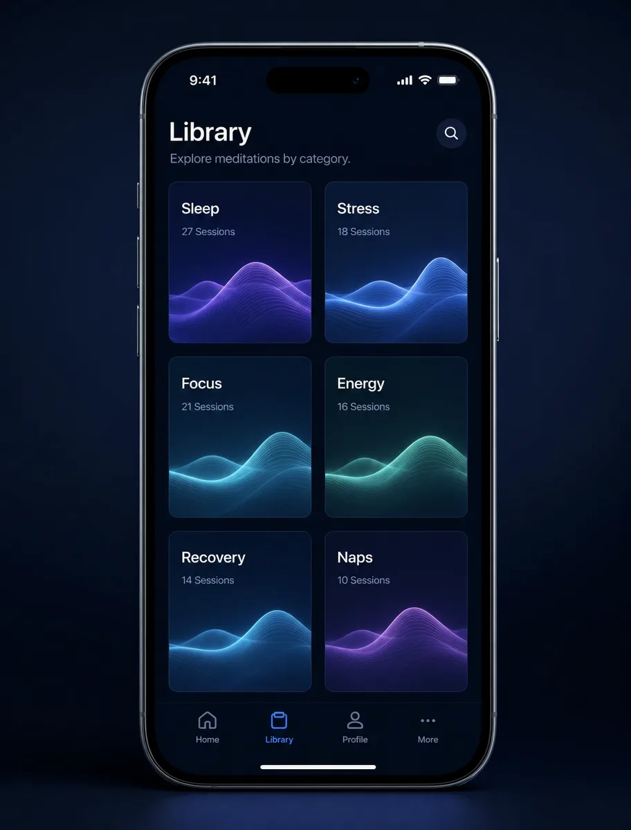 NuCalm library grid on iPhone