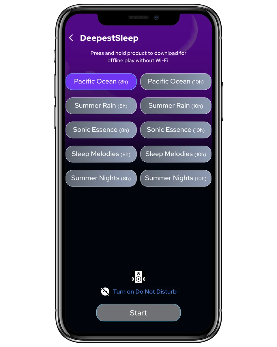 The NuCalm app showing the DeepestSleep screen listing its available tracks