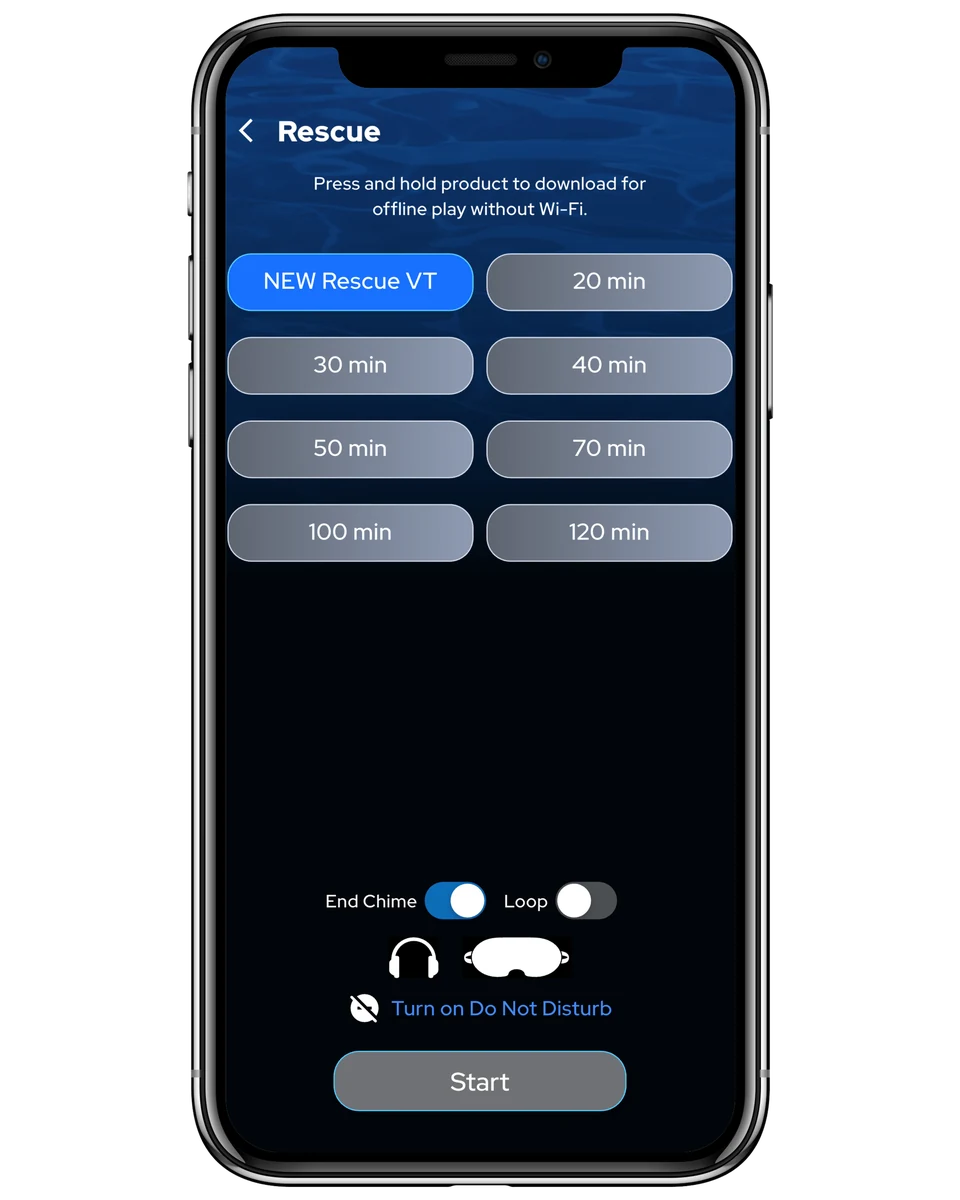 The NuCalm app showing the Rescue screen with selectable session lengths